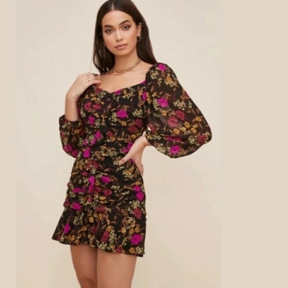 ASTR the Label Black Pink Floral‎ Ruched Puff Sleeve Mini Dress Womens Size XS